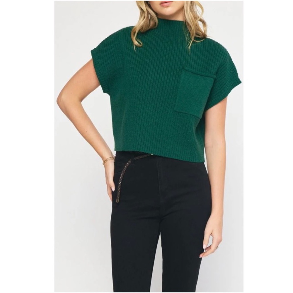 Entro Knitted Mock Neck Short Sleeve Ribbed Crop Top Sweater Blouse Size Large